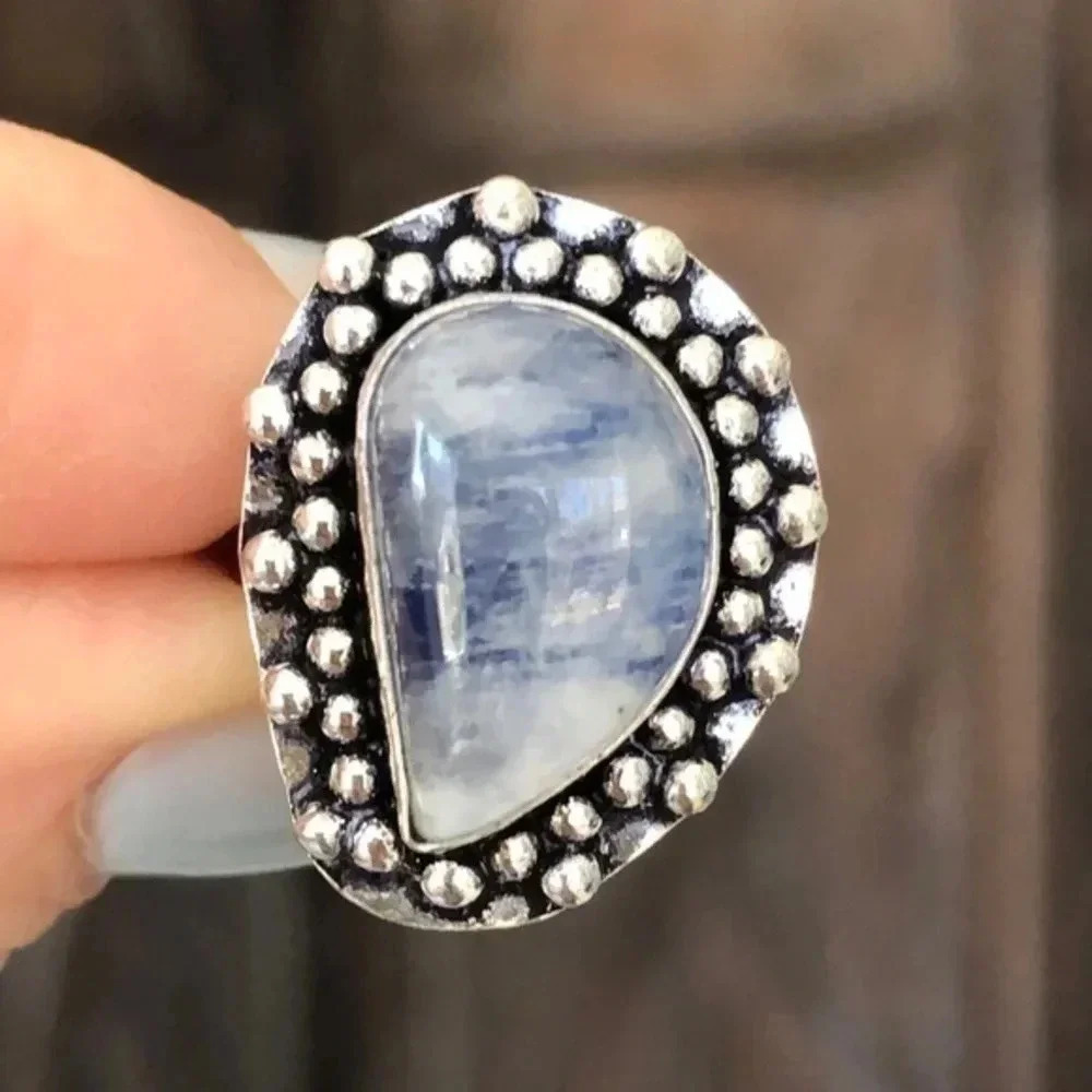 Size 6.5 Luminescent Deep Blue Rainbow Moonstone 925 Sterling Silver Ring